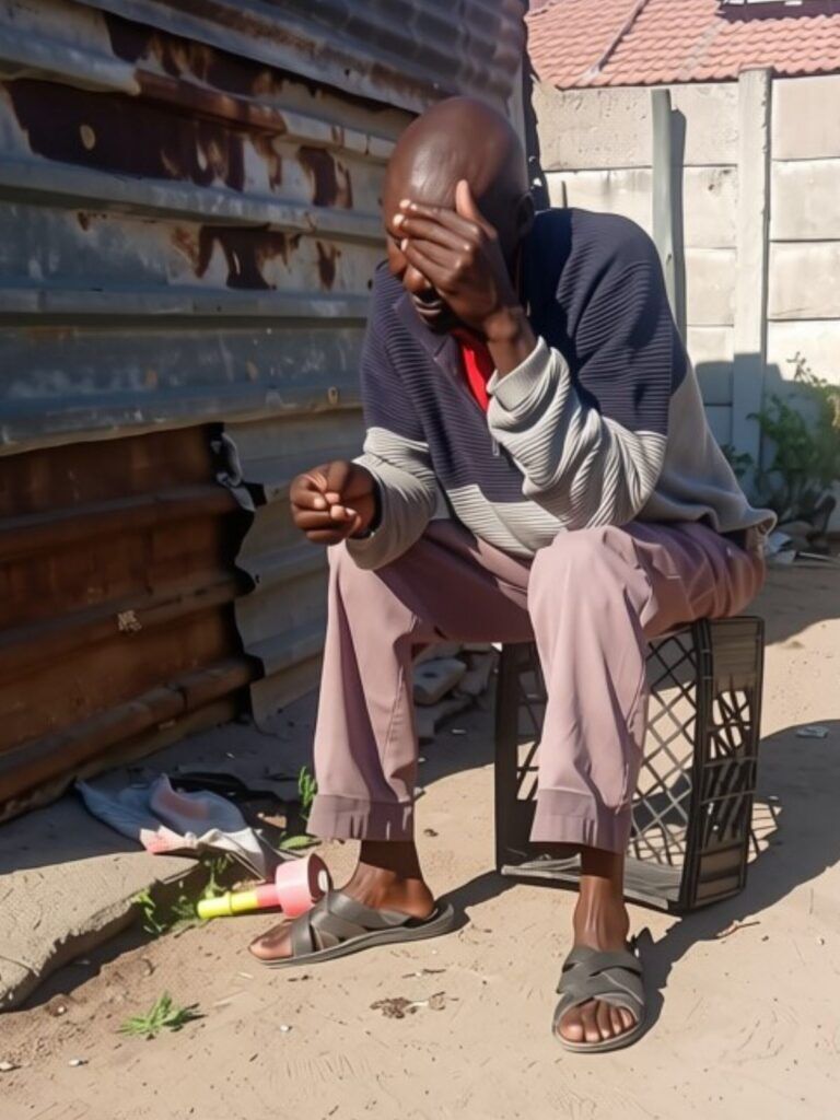 Limpopo man sitting with face covered 